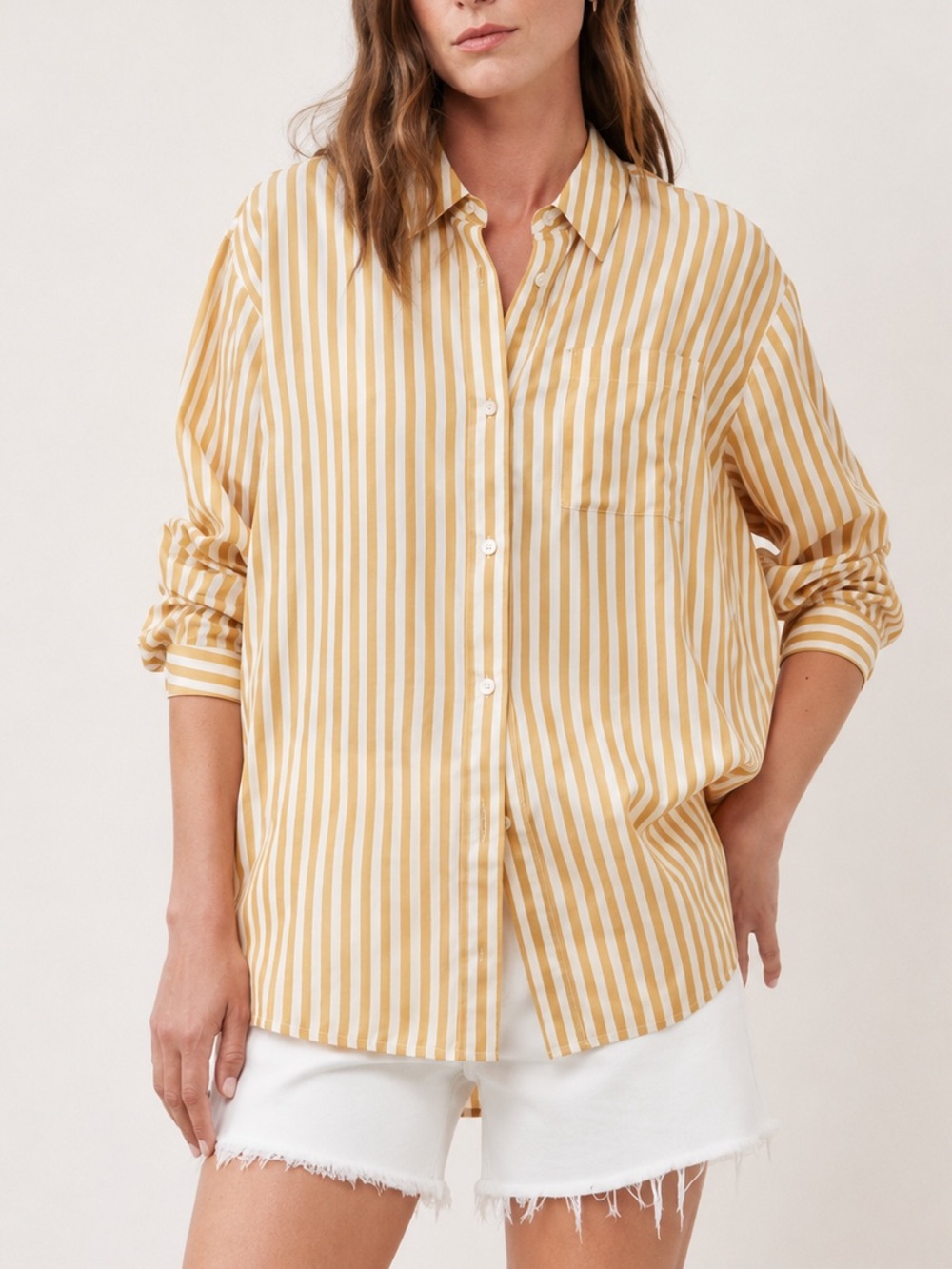 Jenni Kayne Mustard Stripe Boyfriend Shirt Silk Blend Oversized Button Up Shirt